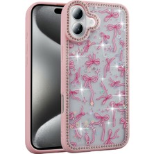iPhone 16 Plus Kılıf Simli Şeffaf Mini Figürlü ve Kenarları Taşlı Silikon Kapak Rcv/azra