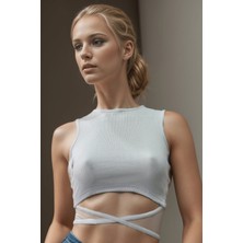 Kadın Belden Bağlamalı Beyaz Crop T-Shirt
