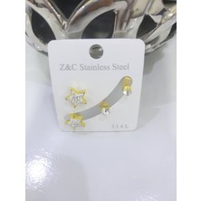 Çelik Küpe 2'li Taşlı Yıldız Tek Taşlı Model Altın Sarısı Gold