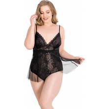 Aria's Closet Büyük Beden Siyah Bodysuit Jakarlı Gecelik