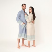 Lajel Woven 2'li Takım %100 Pamuk Mavi - Krem Bornoz