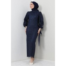 Giza Giyim Lacivert Inci Tesettür Abiye Dokuma Kumaşlı Astarlı Kadın Elbise