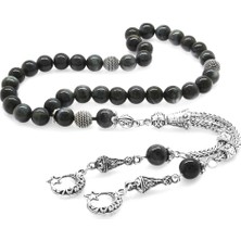 Kararmaz Metal Ayyıldız Püsküllü Küre Kesim Gri Kaplangözü Doğaltaş Tesbih