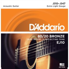 Daddarıo EJ10 Akustik Gitar Tel Seti, 80/20 Bronze, Extra Lıght G