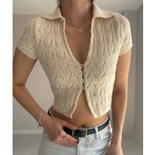 Yakalı Düğme Detaylı Crop Triko