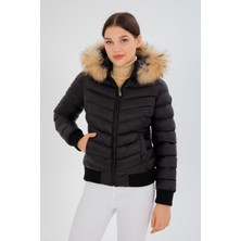 G-Fox Kadın Kısa Çıkarılabilir Kürk Kapşonlu Dolgulu Su Itici Şişme Mont 8637