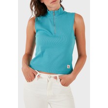 Calvin Klein Pamuklu Slim Fit Fermuarlı Dik Yaka Logolu Top LV047C909GXEG Bayan Top LV047C909G Xeg