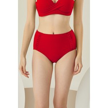 Loya Kırmızı Yanları Fırfırlı Yüksel Bel Tek Alt Bikini