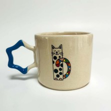Kedi Baskılı Mavi Yıldız Kulplu Kupa