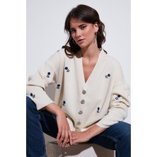 Lela Oversize Fit Desenli V Yaka Triko Hırka Bayan Hırka 4616193