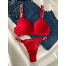 Gold Night  Kadın Kırmızı Dantelli Taşlı Balenli Destekli Dolgulu Push Up Sütyen Takımı Iç Çamaşırı Takımı
