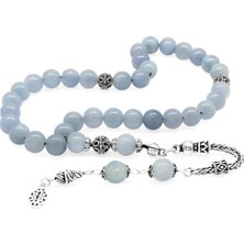 925 Ayar Gümüş Püsküllü Küre Kesim Aquamarin Doğaltaş Tesbih