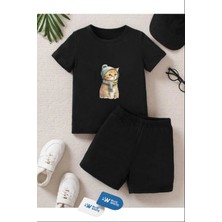 Erkek/kız Çocuk  ''kedi'' Baskılı Tişört-Şort Takımı