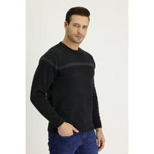 Kiğılı Bisiklet Yaka Regular Fit Yünlü Desenli Kazak Orta Antrasit Erkek Günlük Tarz