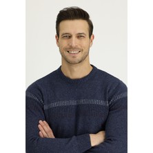 Kiğılı Yünlü Desenli Bisiklet Yaka Regular Fit Kazak Erkek Havacı Mavi Renkli Günlük Stil