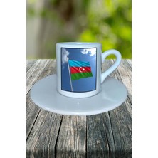 Azerbaycan Ülke Bayrağı Bayrak Baskılı Türk Kahvesi Fincanı Tabaklı Kişiye Özel Model 8