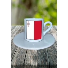 Malta Ülke Bayrağı Bayrak Baskılı Türk Kahvesi Fincanı Tabaklı Kişiye Özel Model 2