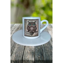 Baykuş Baskılı Türk Kahvesi Fincanı Tabaklı Kişiselleştirilebilir Model 3