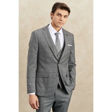 ALTINYILDIZ CLASSICS Erkek Gri Slim Fit Dar Kesim Mono Yaka Kareli Yelekli Klasik Takım Elbise