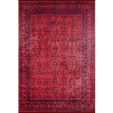 Hali.Net 80x150 cm Kırmızı Lacivert Geometrik Oryantal Geleneksel Halı | Salon Mutfak Halısı | Hav Vermez Hipoalerjenik | HALN-HLN036