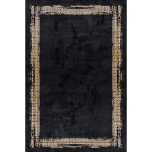 Hali.Net 80x200 cm Siyah Altın Yunan Anahtarı Modern-klasik Geometrik Yıkanabilir Halı | Mutfak Koridor Halısı | Leke Tutmaz Hipoalerjenik | GM_BLACKBROWN-11298S