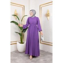 Kemerli Pliseli Tesettür ELBISE-3042 Lila