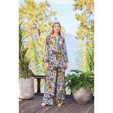 Monamise Kadın Desenli Uzun Kollu Önü Düğmeli Gömlek Yaka Alt Üst Takım 25047