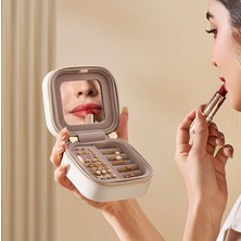 Yeni Tasarım Mini Beyaz Takı Kutusu - Özel Aynalı Fermuarlı Küpe Kolye Yüzük Organizer