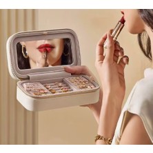 Yeni Tasarım Büyük Kapasiteli Beyaz Takı Kutusu - Özel Aynalı Fermuarlı Organizer |mdl.3|