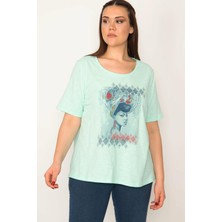 Kadın Mint Pamuklu Kumaş Ön Baskılı Kısa Kollu Bluz