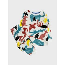 Erkek Çocuk Beyaz Renkli Hayvan Desenli Deve-Fil-Timsah Uzun Kollu %100 Pamuklu Pijama Takımı