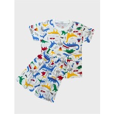 Erkek Çocuk Pamuklu Beyaz Dinozor Desenli Kısa Kollu Şortlu Yazlık Pijama Takımı