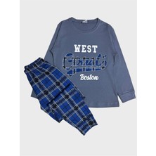 Erkek Çocuk %100 Pamuklu Füme Mavi Renk Ekose Desen Uzun Kollu Mevsimlik Pijama Takımı