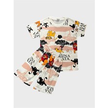 Erkek Çocuk Pamuklu Beyaz Aslan Desenli Kısa Kollu Şortlu Yazlık Pijama Takımı