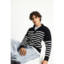 Polo Yaka Oversize Ekstra Rahat Kesim Çizgili Triko Kazak