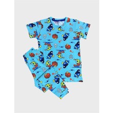 Erkek Çocuk %100 Pamuklu Mavi Yelken Balık Desenli Kısa Kollu Altı Uzun Yazlık Pijama Takımı