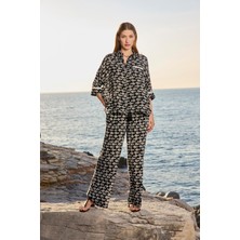 Monamise Kadın Balık Desenli Truvakar Kollu Gömlek Yaka Alt Üst Takım 25033