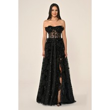 Straplez Korse Transparan Bel Tül Uzun Elbise Alfabeta