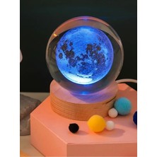 Ledli Usb'li Ahşap Standlı Dolunay Küre Temalı Kristal Ay Küre Renkli Rgb 3D Oda Masa Gece Lambası