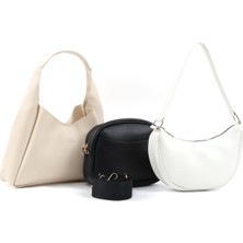 Siyah/beyaz/krem SHK237 Suni Deri El, Kol ve Omuz 3'lü Çanta Seti (SHK19-SHK194-SHK26)