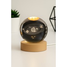 Ledli Usb'li Ahşap Standlı Güneş Sistemi Temalı Kristal Küre Gün Işığı 3D Oda Masa ve Gece Lambası