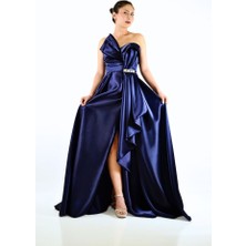 Straplez Taş Detaylı Abiye Elbise Lacivert