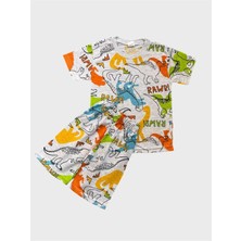 Erkek Çocuk Pamuklu Gri Dinozor Desenli Kısa Kollu Şortlu Yazlık Pijama Takımı