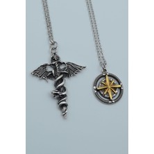 2'li Kılıç Yarasa Yılan Pusula Kutup Yıldızı Gümüş Kaplama Kolye Seti