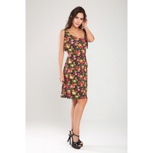 Kadın Desenli Omuzdan Bağlamalı Baskılı Viskon Elbise 18L6357