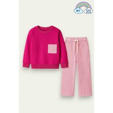 My Kids Wear Kız Çocuk Pembe Çizgili Sweatshirt ve Pantolon Takımı Regular Kalıp 2-10 Yaş 12016