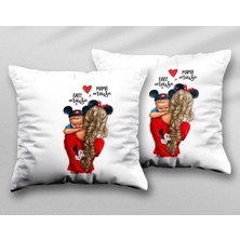 Kişiye Özel Anne Bebek Mickey Mouse Iki Adet Iki Tarafı Baskılı Yıkanabilir Yastık Kırlent Kılıfı
