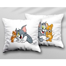 Sevimli Tom ve Jerry Iki Adet Iki Tarafı Baskılı Yıkanabilir Yastık Kırlent Kılıfı