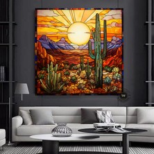 Saguaro Kaktüs Kanvas Tablosu, Vitray Tarzı Sonoran Arizona Çöl Resmi, Güneybatı Sanatı