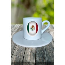 Meksika Ülke Bayrağı Bayrak Baskılı Türk Kahvesi Fincanı Tabaklı Kişiye Özel Model 1